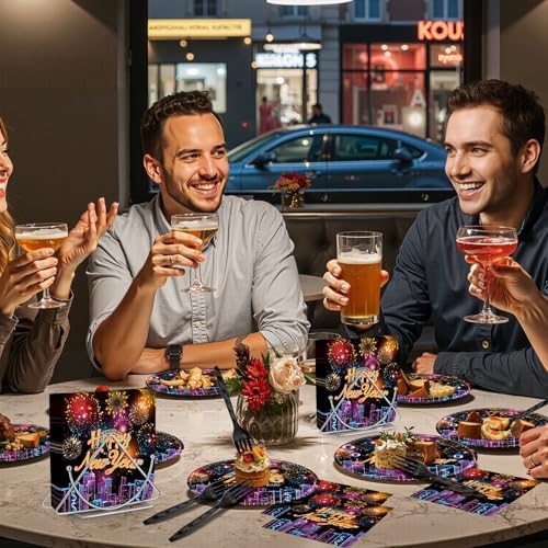 96 Pieces Happy New Year 2026 Tableware Set – Fireworks and City Night Skyline Disposable Plates, Napkins, and Forks for New Year’s Eve Parties, Countdown Celebrations – Serves 24 Guests - Image 6