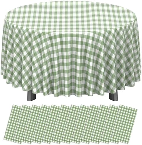 12 Pack Sage Green Plastic Checkered Tablecloth Round, Premium Decorative Disposable Sage Green Gingham Plaid Table Cloths for Parties, Round Party Table Cover for Baby Shower Picnic Birthday, 84 Inch by RAGNHILD