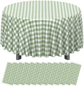 12 Pack Sage Green Plastic Checkered Tablecloth Round, Premium Decorative Disposable Sage Green Gingham Plaid Table Cloths for Parties, Round Party Table Cover for Baby Shower Picnic Birthday, 84 Inch by RAGNHILD