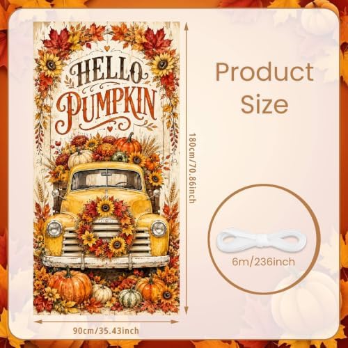Fall Vertical Door Banner 35x71 Inch, Autumn Front Door Cover with Vintage Yellow Truck Pumpkins Sunflowers Maple Leaves Harvest Hanging Flag for Farmhouse Porch Yard Thanksgiving Outdoor Decor - Image 2