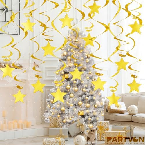 Gold Hanging Swirl Decorations - 30 Pack Metallic Ceiling Swirls with Foil Stars, Plastic Streamers for Graduation, Wedding, Birthday, Easter, New Year's Eve Party Supplies - Image 5