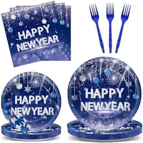 100PCS Happy New Year Party Plates and Napkins Party Supplies Blue 2026 New Year's Eve Platters Dessert Cake Tableware Set Party Decor Favor for New Year Evening Party Celebration Decoration Serves 25 by Qyeahkj