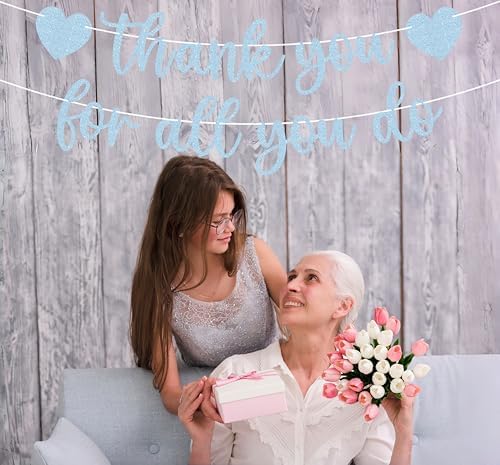 Pre-strung Thank You for All You Do Banner - Light Blue Glitter Appreciation Party Decorations Supplies for Family elders Employee Coworker Staff Teacher, Photo Booth Prop - Image 5