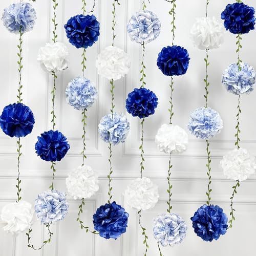 Blue and White Floral Royal Blue Tissue Flowers Pom Pom with Sage Green Leaf Ribbon Hanging Streamer Garland for Birthday Wedding Shower Engagement Chinoiserie Themed Party Decorations Supplies by pinkblume