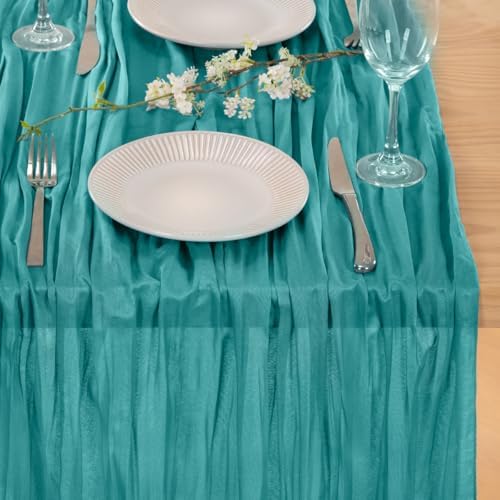 Teal Blue Table Runner Boho Fall Cheesecloth Table Runner Dinning Decor - Image 2