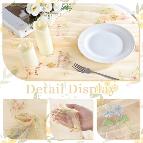 BINBE 3pcs Champagne Florals Table Runner Embroidery Gauze 10FT Daisy Seasonal Tulle Birthday Wedding Holiday Kitchen Dining Table Decor for Home Party - Image 3