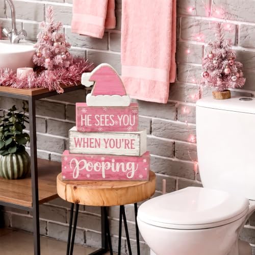 Moucuny 4 Pcs Funny Christmas Bathroom Decor Pink Santa Hat Wooden Signs - Image 5