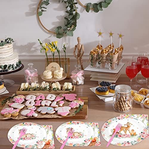 Tevxj 96PCS Woodland Baby Shower Tableware Set Girls Pink Safari Dinnerware Disposable Plates Woodland Party Plates Napkins Forks for Forest Animal Deer Flower Party Decorations Supplies 24 guests - Image 5