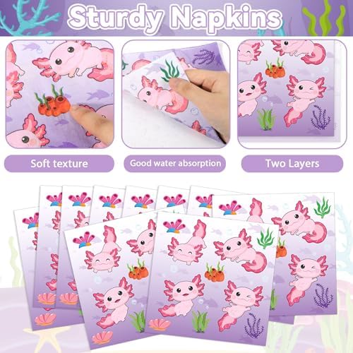 100 Pcs Axolotl Birthday Party Supplies Pink Axolotl Disposable Paper Plates Forks Tableware Sets Cute Cartoon Reptile Animals Happy Birthday Decorations for Kids Girls Baby Shower Serve 25 Guests - Image 4