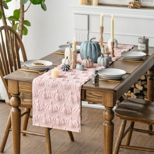 Artoid Mode Pink Soft Faux Fur Pumpkins Fall Table Runner 13x36 Inch - Image 6