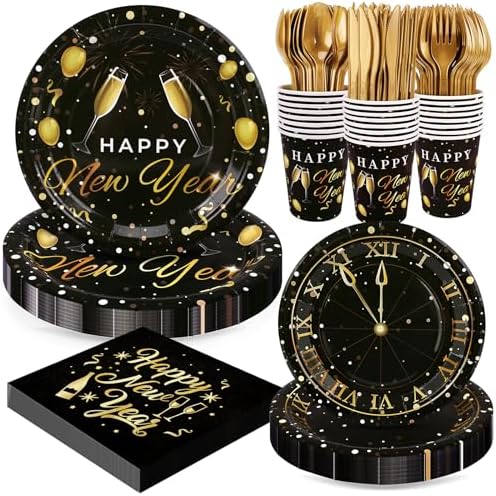 168pcs Happy New Year Party Supplies, Black and Gold Paper Plates Napkins Cups and Gold Cutlery for 24 Guests, 2026 New Year Disposable Tableware Supplies for Party Decorations by FightingtoAchieve