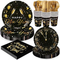 168pcs Happy New Year Party Supplies, Black and Gold Paper Plates Napkins Cups and Gold Cutlery for 24 Guests, 2026 New Year Disposable Tableware Supplies for Party Decorations by FightingtoAchieve