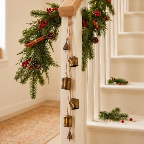 Shimeyao Set of 6 Vintage Rustic Bells Decor Antique Gold Iron Jingle Bells Cluster Christmas Wall Hanging Mix Decoration for Farmhouse Front Door Xmas Tree Weddings Parties 23 Inch - Image 4
