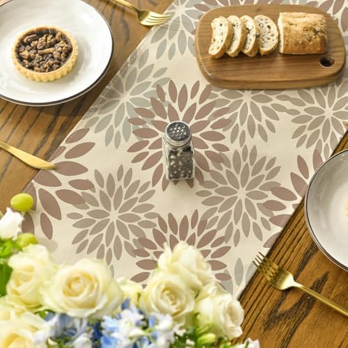 Artoid Mode Brown Gray Dahlia Pinnata Flower Floral Table Runner, Seasonal Holiday Kitchen Dining Table Decoration for Home Party Decor 13x72 Inch - Image 4