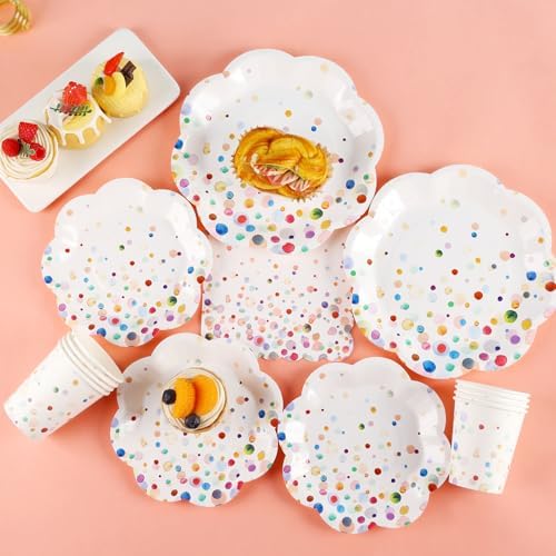 Colorful Birthday Plates and Napkins 200PCS Confetti Happy Birthday Party Plates Set Disposable Tableware Serve 50 for Art Paint Party Supplies Bubble Decorations-Colorful Paper Plates - Image 5