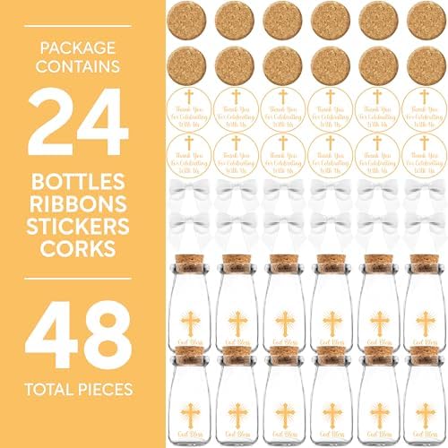 Ethisa Vintage 24 Pack Baptism Glass Bottles with Ribbons and Stickers - Classy God Bless Party Favors for Baptism and 1st Communion - Bautizo Table Centerpiece Decoration - Baby Christening Candy Jar - Image 6