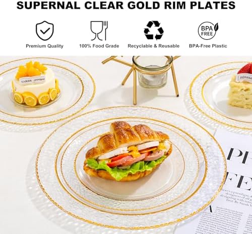 Ciaell 150PCS Clear Gold Plastic Plates - Disposable Gold Rim Plates include 25Dinner Plate, 25Dessert Plate, 25Forks, 25Knives, 25Spoons, 25Cups for Wedding & Party - Image 4