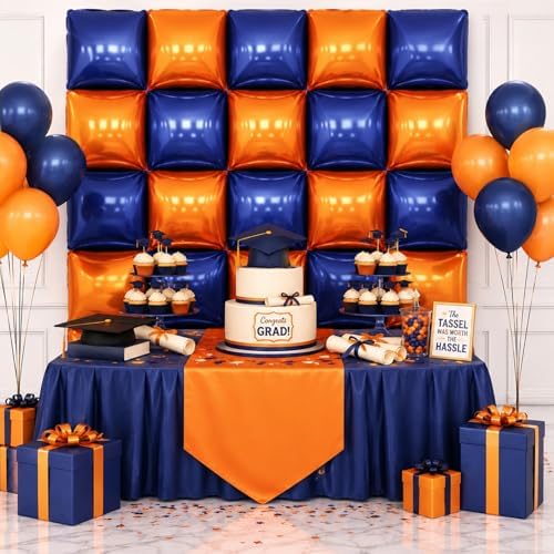 Navy Blue and Orange Square Foil Balloons Wall Tunnel Arch Kit - Image 4