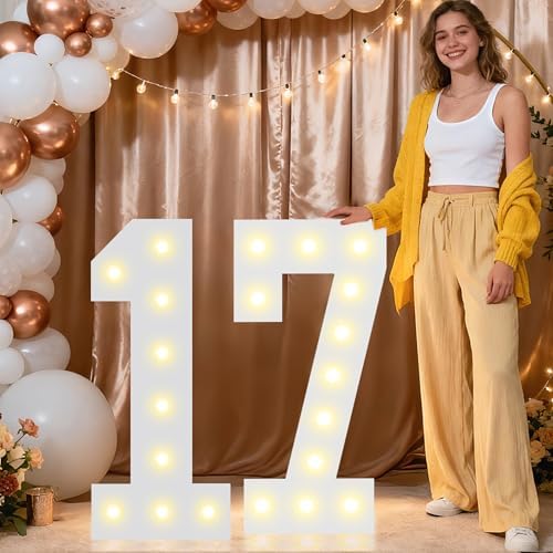 Pooqla 2.4FT Light Up Numbers for 17 Year Old Boy Girl Gifts, Marquee Numbers 2.4 Feet Tall Party Decor for Her Him, Mosaic Big Sign for 17th Birthday Decoration Backdrop, Warm White Large Number 17 by Pooqla