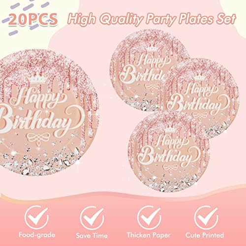 41Pcs Rose Gold Birthday Party Decorations - Pink Rose Gold Theme Supplies - Includes 20 Plates, 20 Napkins and 1 Tablecloth for Girls Women - Image 4