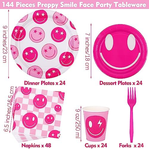 durony 144 Pieces Preppy Birthday Decorations Pink Smile Face Tableware Set Preppy Smile Plates Cups Napkin and Forks for Bachelorette Smiley Face Birthday Party Supplies - Image 2