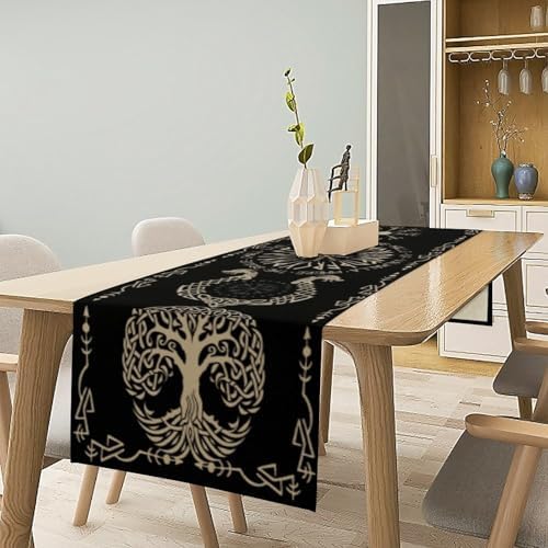 Viking Tree of Life Table Runner, Helmet of Awe Celtics Dragons Seasonal Dinner Runner for Farmhouse Party Holiday Home Kitchen Dining Table Decor 13"x70" - Image 2