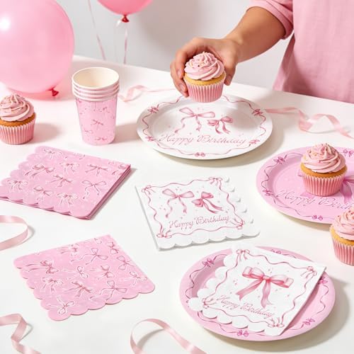 Pink Bow Happy Birthday Decorations Set for 24: Bachelorette Party Supplies Kit with Dinner & Dessert Plates, Napkins, Cups, Banner, Tablecloth - for Women's Tea Birthday Party Decorations - Image 4