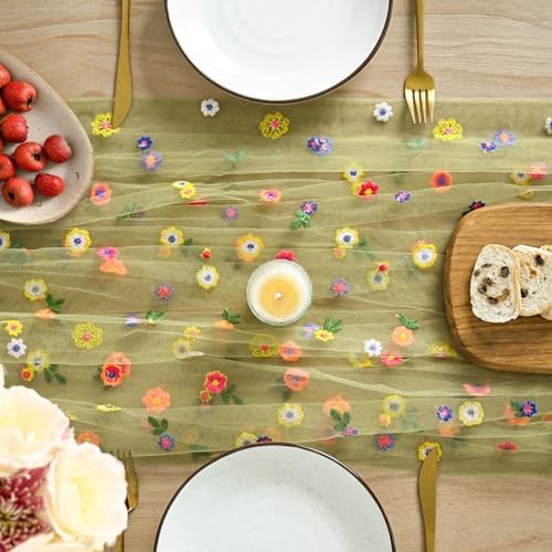 Artoid Mode Green Embroidery Daisy Gauze Table Runner 120 Inch 10FT - Image 2