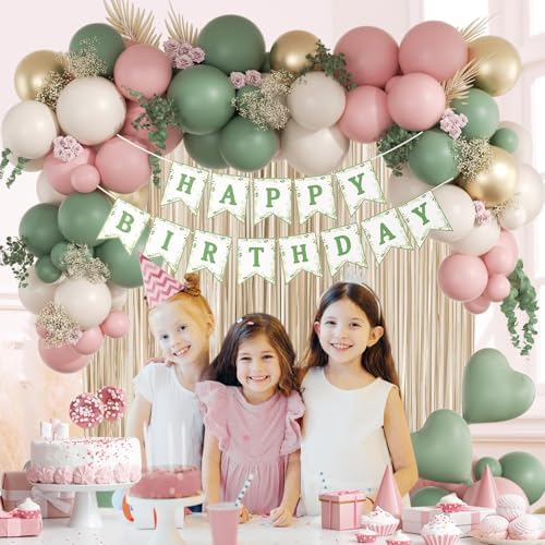 Pink and Sage Green Birthday Decorations with Sand White Gold Balloons - Image 5