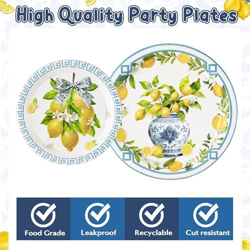 96Pcs Chinoiserie Vase Lemon Party Plates Supplies Capri Lemon Blue White Vase Tableware Decorations Disposable Paper Plates Napkins Forks for Birthday Summer Party Wedding, Serves 24 - Image 3