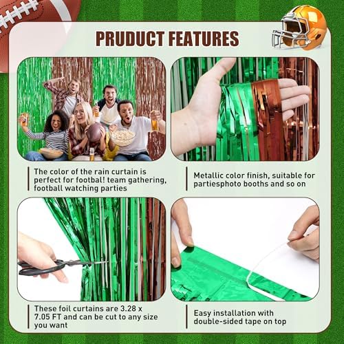 2Pack Football Party Decoration, Brown Green Foil Curtain Streamer Backdrop - Image 7