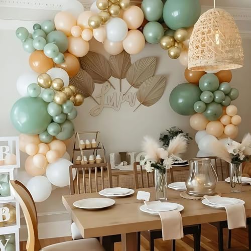 Balloons Green Gold, 60 Packs 12 Inch Retro Sage Green Gold Metallic Balloon, Olive Green White Latex Balloons for Wedding, Birthday, Baby Shower, Safari Jungle Party, Anniversary Decorations - Image 4