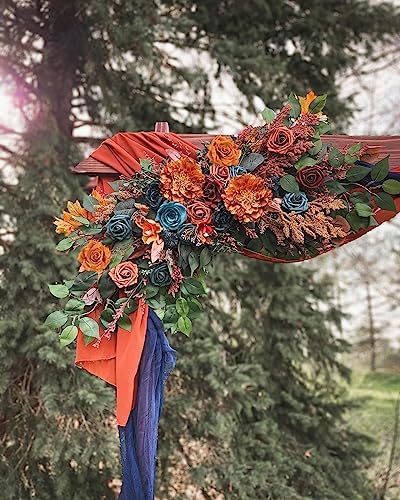 FACINOC Roses Artificial Flowers Teal Orange Bouquet Fall Fake Flower Combo - Image 4