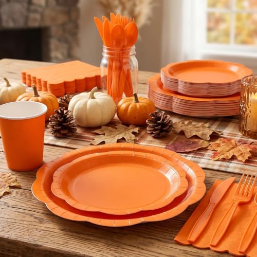 Orange Party Dinnerware Set, 175 Pcs Disposable Decagonal Paper Plates, Cups, Napkins and Plastic Cutlery, Serves 25 for Halloween, Thanksgiving and Fall Parties - Image 4