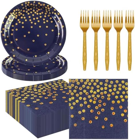 75PCS Blue and Gold Paper Plates and Napkins Party Supplies Blue Gold Dessert Plates Navyblue Napkins Disposable Paper Tableware Set for Birthday Retirement Baby Shower Parties Decor Serves 25 by BOKFJBP