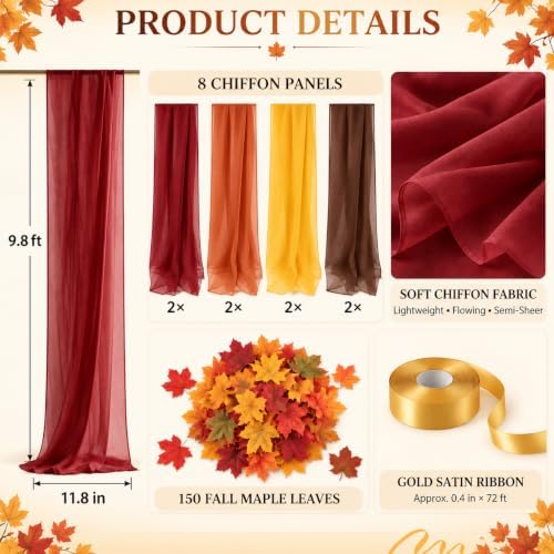 Cinrobiye Fall Table Decorations Set with 8 Pcs Colorful Chiffon Table Runners Artificial Maple Leaves Decorative Ribbon for Thanksgiving Autumn Harvest Wedding Party Home Seasonal Decor - Image 2