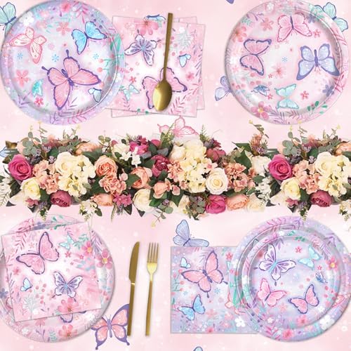 Butterfly Birthday Decorations, Girls Birthday Supplies - Plates, Napkins, Cups, Cutlery, Cake & Cupcake Toppers, Banner, Hanging Swirls, Tablecloth, Balloons for Butterfly Party Decorations, Serve 20 - Image 4
