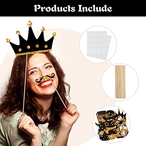 Zonon 24 Pcs Photo Booth Props Set Black Gold Birthday,Golden - Image 2