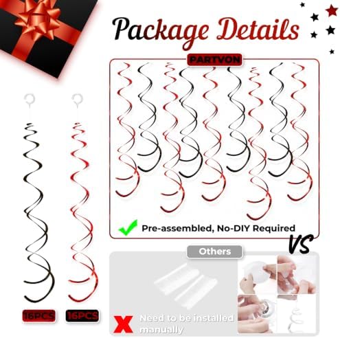 32 PCS Red Black Hanging Swirl, Sparkle Ceiling Hanging Decorations, Plastic Streamer Party Decorations for Casino Night, Graduation, Birthday Party, Halloween, Pirate Party - Image 4
