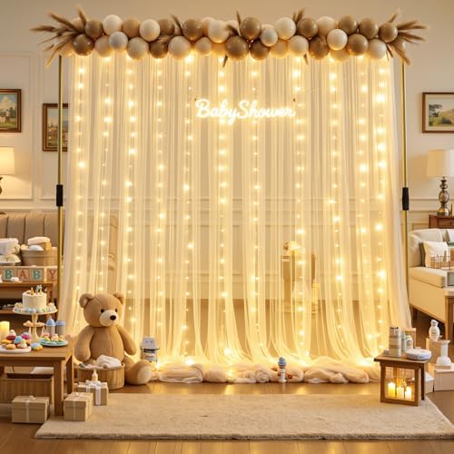 20ft x 15ft Champagne Tulle Backdrop Curtain with Lights String for Parties Wedding Bridal Shower Sheer Champagne Curtain Backdrop for Birthday Party Baby Shower Photo Booth Decorations - Image 6
