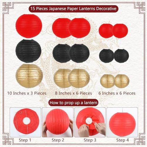 party greeting 28 Pcs Hibachi Party Decorations Asian Chinese Japanese Party Supplies Includes 15 Pcs Chinese Paper Lanterns 12 Pcs Japanese Folding Fans 32.8 Ft Chinese New Year Dragon Pennant Banner - Image 2