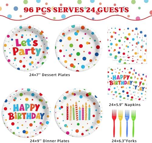 Kinovo 96 Pcs Happy Birthday Paper Plates Tableware Set (Serves 24), Birthday Dots Dots Design Supplies Set Include Plates Napkins Forks for Party - Image 4