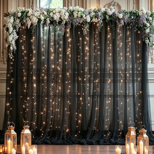 10ft x 8ft Black Backdrop Curtain with Lights String for Parties, Sheer Tulle Wedding Photo Backdrops Drapes for Baby Shower Birthday Party Decorations Background for Photography by Shillance