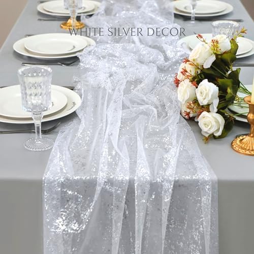 Snowkingdom White Silver Table Runner Gauze Sheer Tulle 10 FT 120 Inch Sparkly Metallic Foil Glitter Sequin Party Table Decor Centerpieces for Party Wedding Bridal Baby Shower Christmas New Year - Image 4