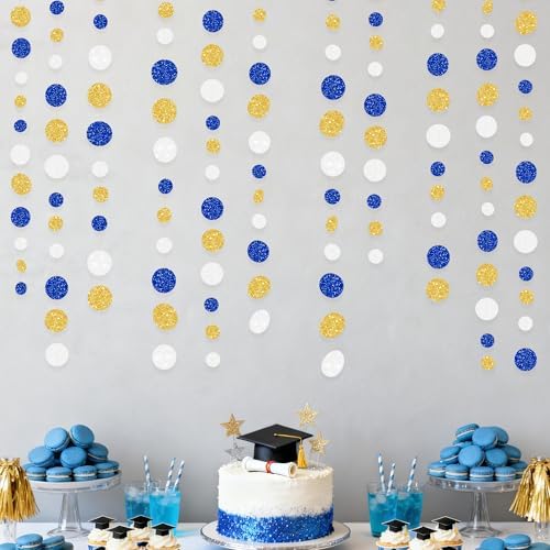 Royal Blue Gold White Party Polka Dot Garland Dark Blue Glitter Gold White Hanging Paper Circle Dots Streamer for Birthday Graduation Wedding Shower Retirement Nautical Party Decorations Supplies - Image 6