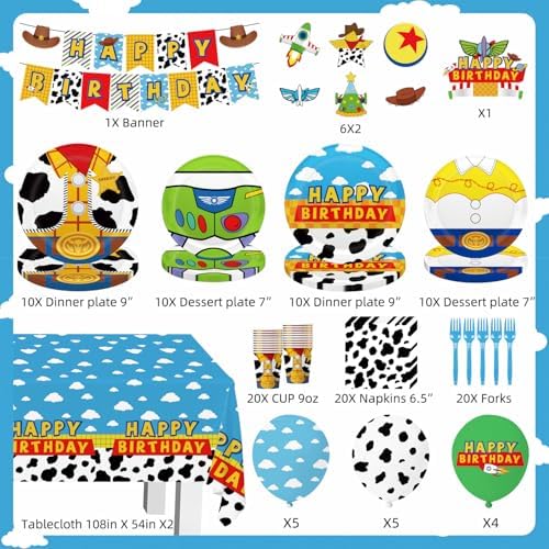 Story Birthday Party Decorations 130pcs for 20 Guests,Include 1 Banner, 12 Cupcake Topper, 1 Cake Topper,40 Paper Plates,20 Napkins,20 Paper Cups,2 Plastic Tablecloth,20 Forks,14 Latex Balloons - Image 2