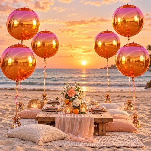 Metallic Pink Orange Round Foil Balloons, 22 Inch 6 Pcs 4D Fall Balloon - Image 3