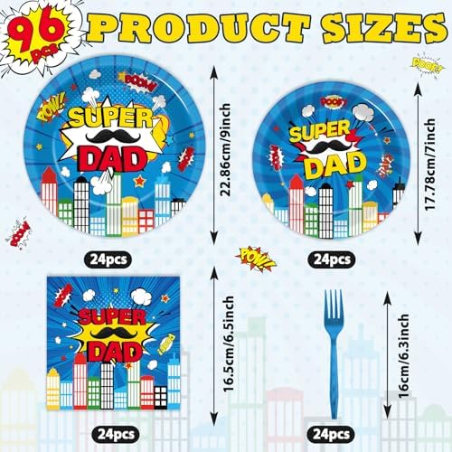 96Pcs Happy Fathers Day Paper Plates and Napkins Super Dad Party Decorations Super Theme Dessert Plates Hero Cityscape Birthday Tableware for 24 Guests Papa Grandpa Best Dad Daddy Men Party Supplies - Image 2