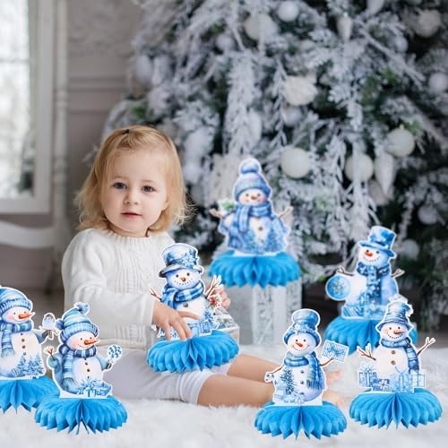 Whaline 10Pcs Winter Honeycomb Centerpieces Blue Watercolor Snowman Honeycomb Decor Winter 3D Table Decoration for Xmas Holiday Birthday Party Supplies - Image 5