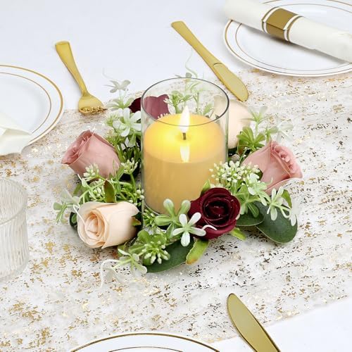 2 Sets Rose Candle Rings Wreaths with LED Flameless Candles - Image 6